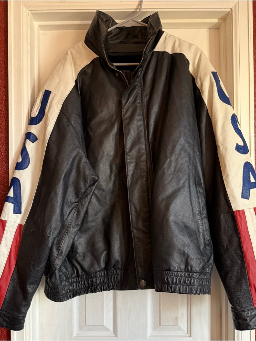 Men's Black Leather Bomber Jacket with Red, White & Blue Sleeve Panels